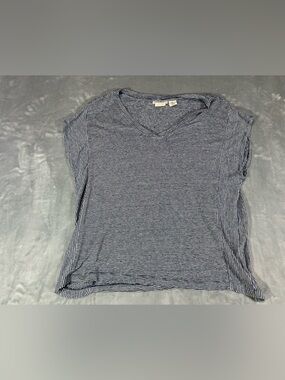 Christian Siriano Navy & White Striped V-Neck Tee 100% Linen